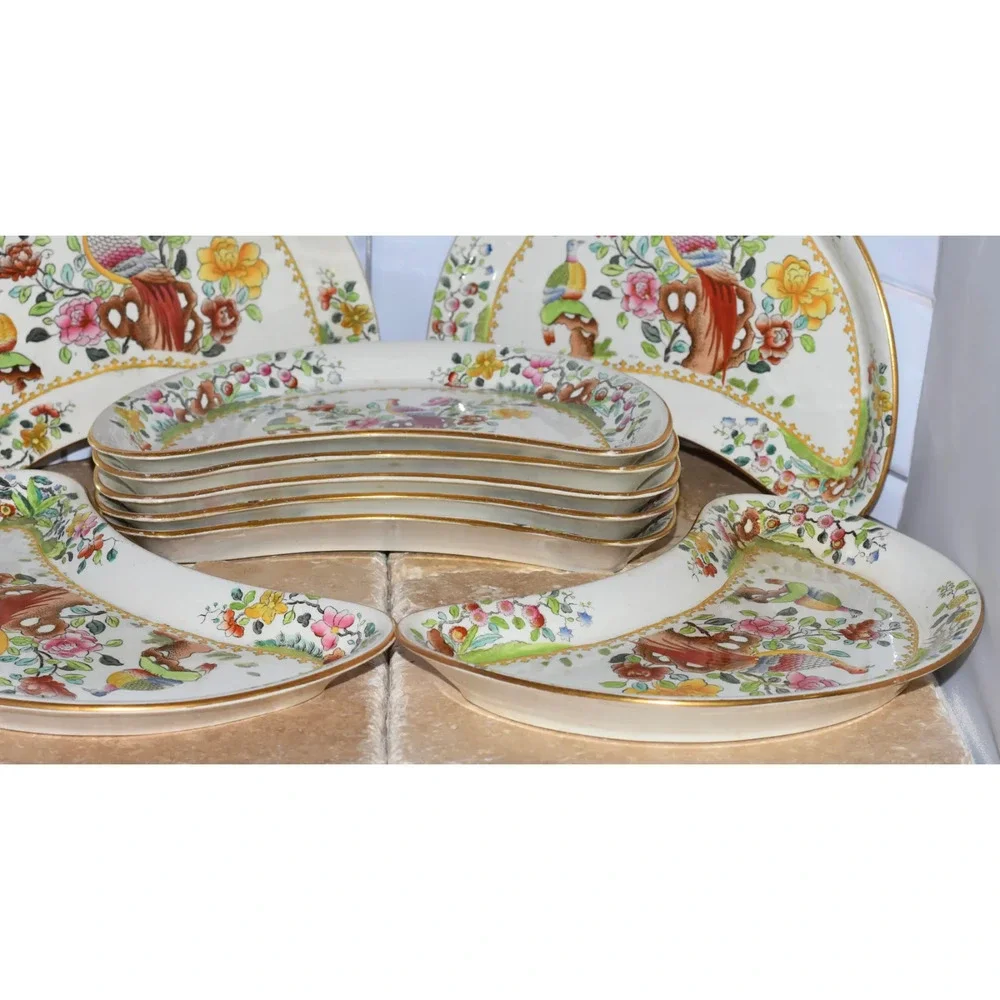 Antique Spode Copeland T. Goode & Co Flowers & Pheasant Birds Crescent Plates